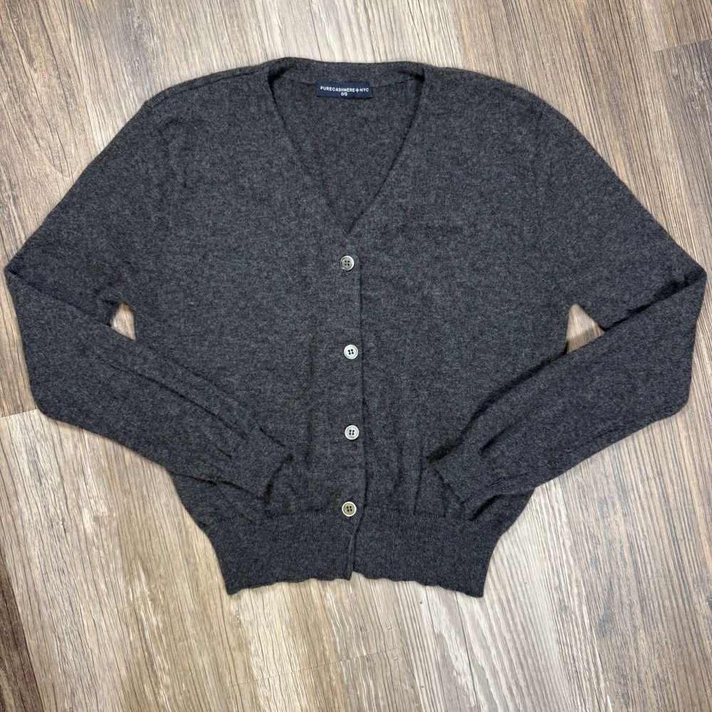 Pure Cashmere NYC Charcoal Grey V-Neck Button Cardigan Sweater 100% Cashmere S